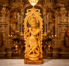 Handmade Wood Krishna Idol with Peacock Frame